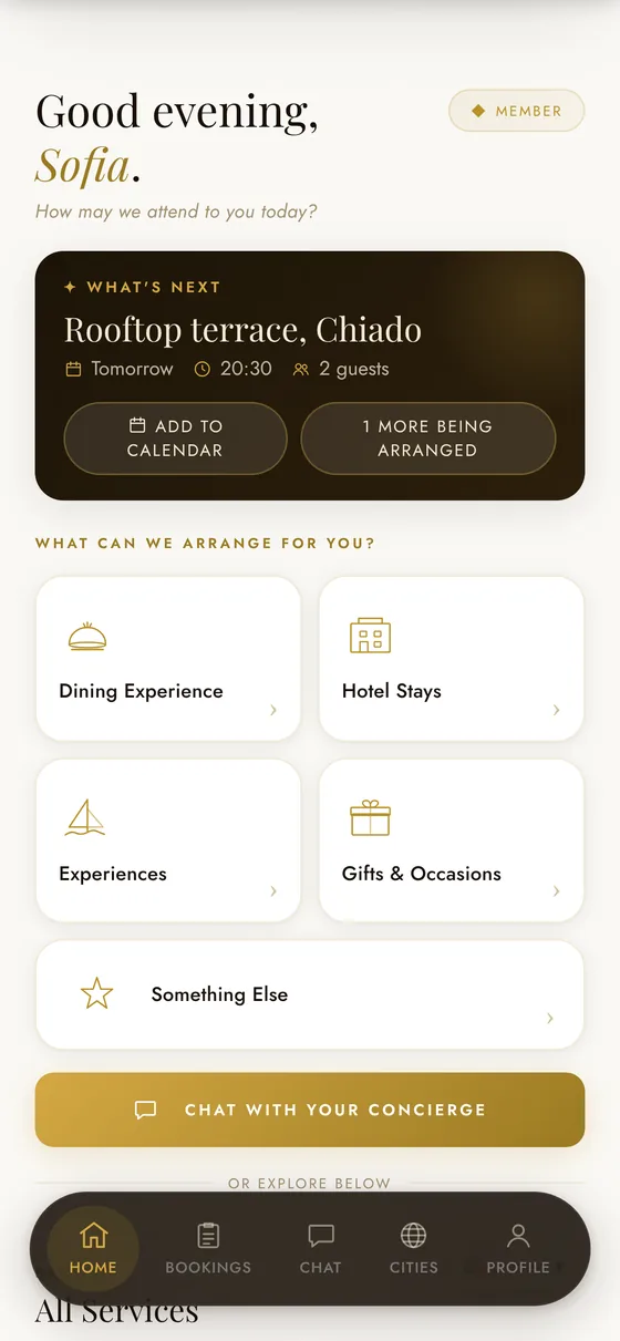 App home screen with your next booking